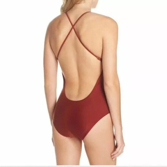Becca Virtue Love Letter Knotted Cut Out Low Back One Piece Swimsuit XL Maroon - Picture 2 of 8